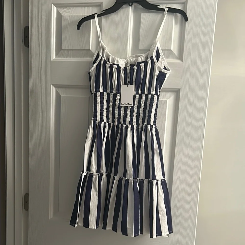Lusana Navy and White Striped Mini Dress - Picture 2 of 5